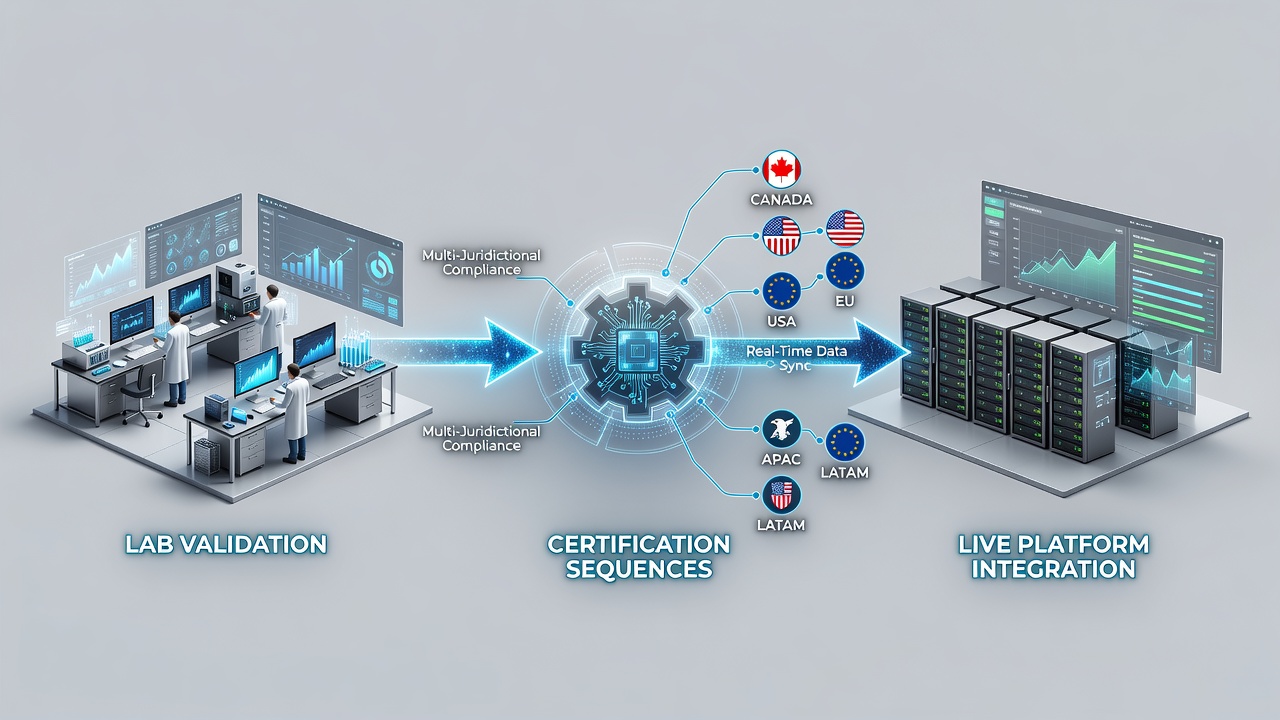 Network diagram showing integration points between certified gaming modules and multi-jurisdiction live platforms