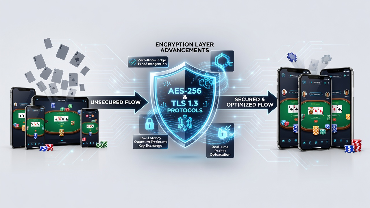 Network diagram illustrating encryption layers protecting data packets between mobile devices and gaming servers
