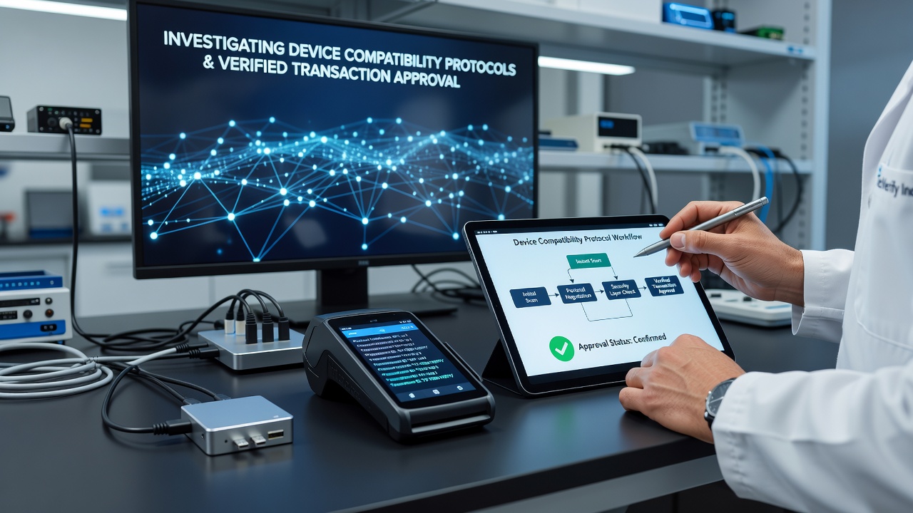 Network dashboard showing verified transaction flows and device compatibility status indicators