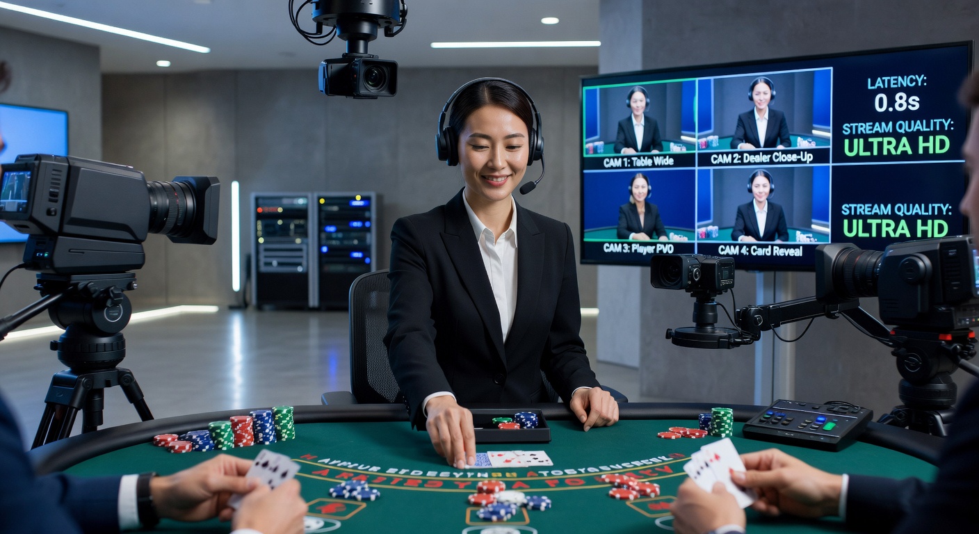 Close-up view of a live dealer blackjack table with multiple camera angles capturing cards, chips, and dealer actions in real time