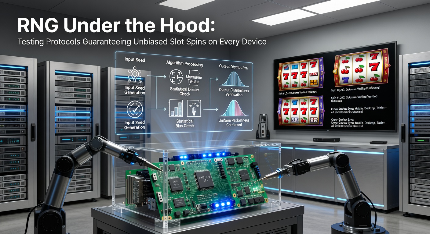 Digital visualization of random number generator algorithms powering fair slot machine spins across multiple devices