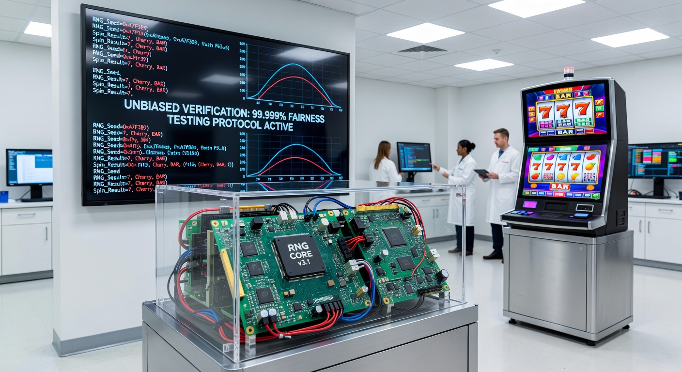 Close-up of testing equipment analyzing RNG outputs on various casino devices, from smartphones to servers