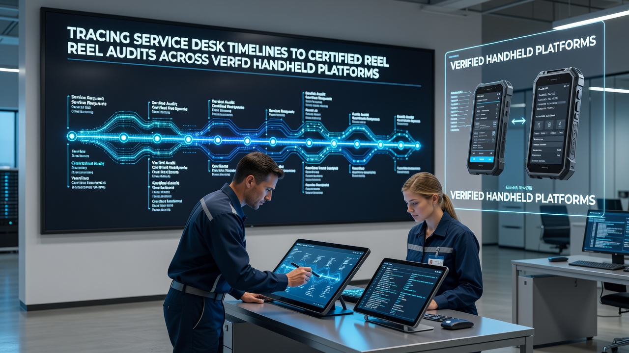 Auditors examining certified reel data logs synchronized with service desk timeline entries on portable verification equipment