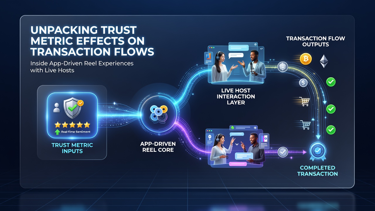 App interface showing live host reel session with transaction dashboard and trust indicators